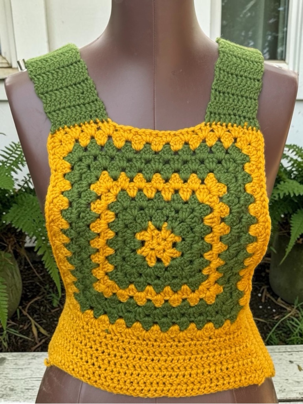 Handmade Olive Green & Mustard Yellow Crochet Tank Top Sz S